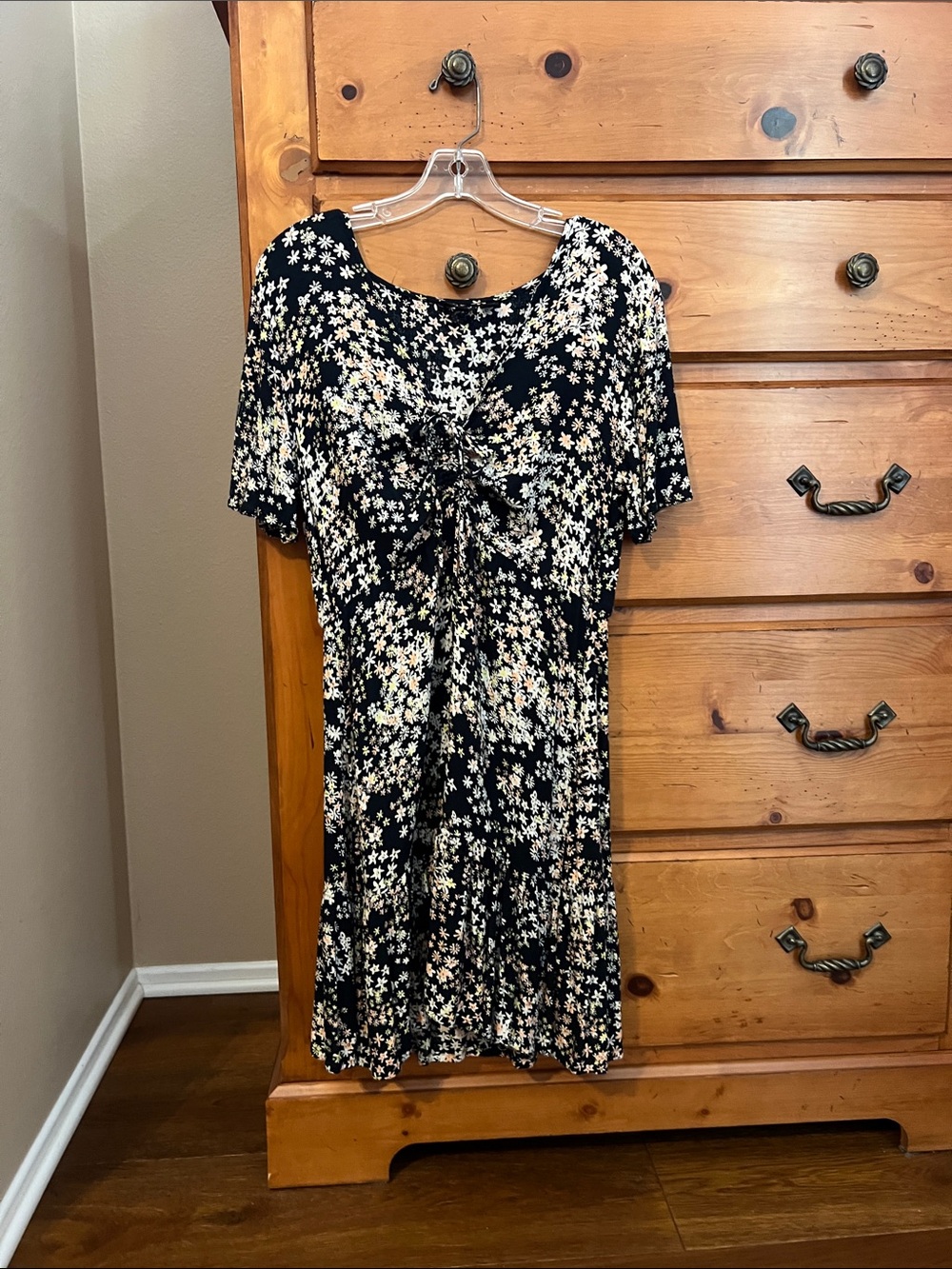 Roxy Black Dress with White Floral Print and Tie Front